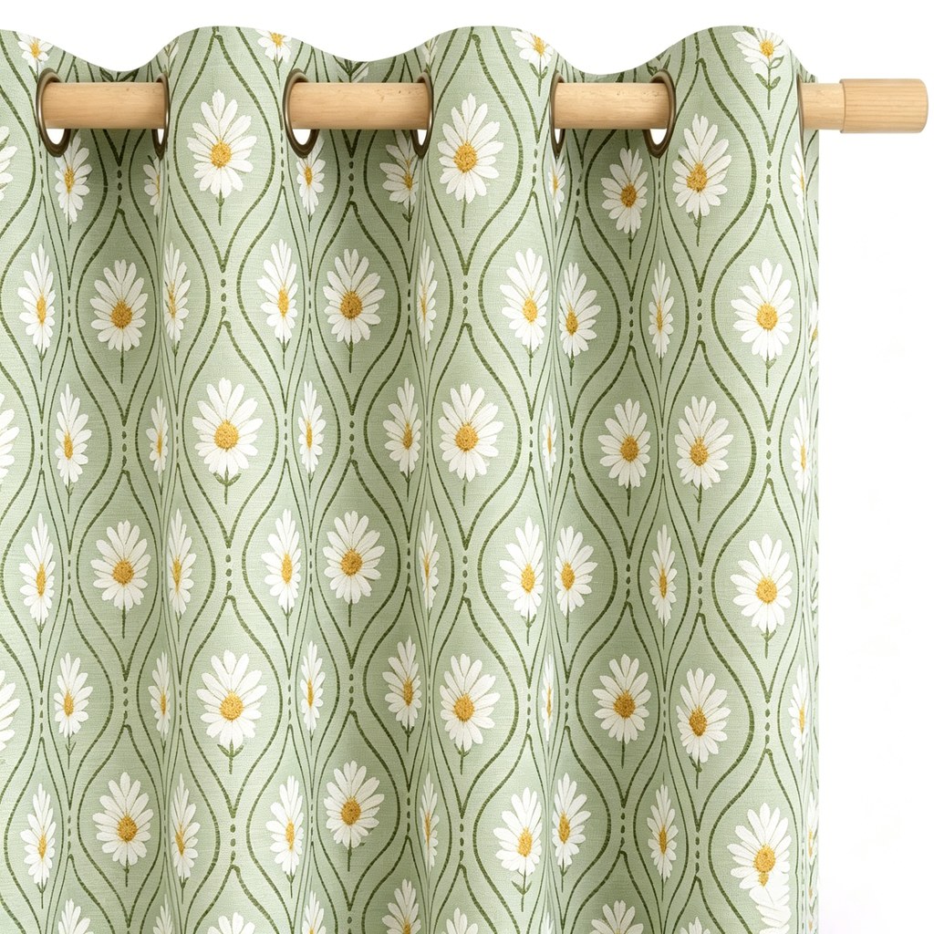 Vintage Meadow Daisy Trellis Curtain in Sage Green