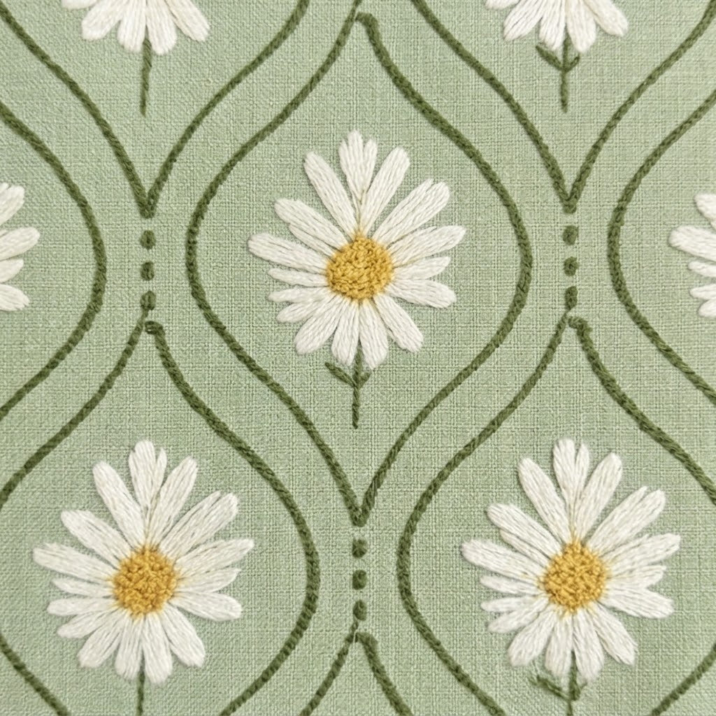 Vintage Meadow Daisy Trellis Curtain in Sage Green