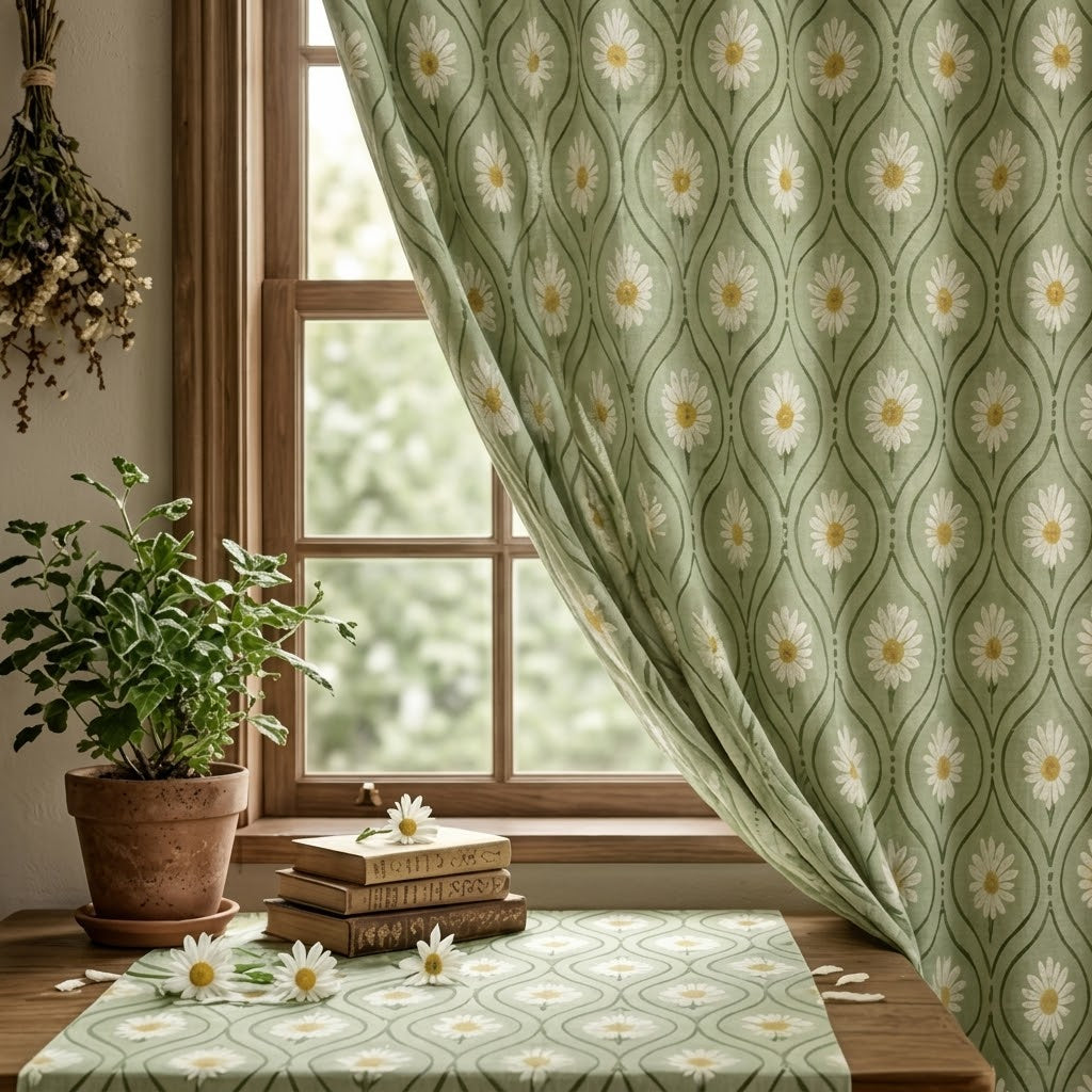 Vintage Meadow Daisy Trellis Curtain in Sage Green