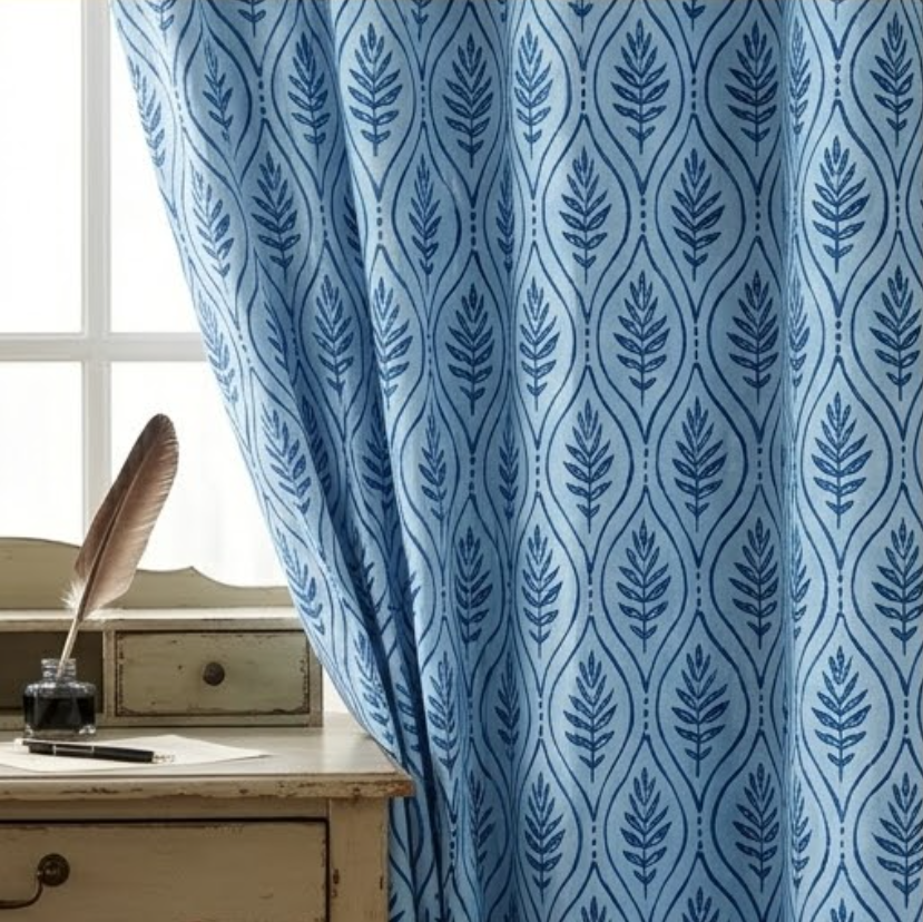Coastal Blue Botanical Trellis Grommet Curtain Panel