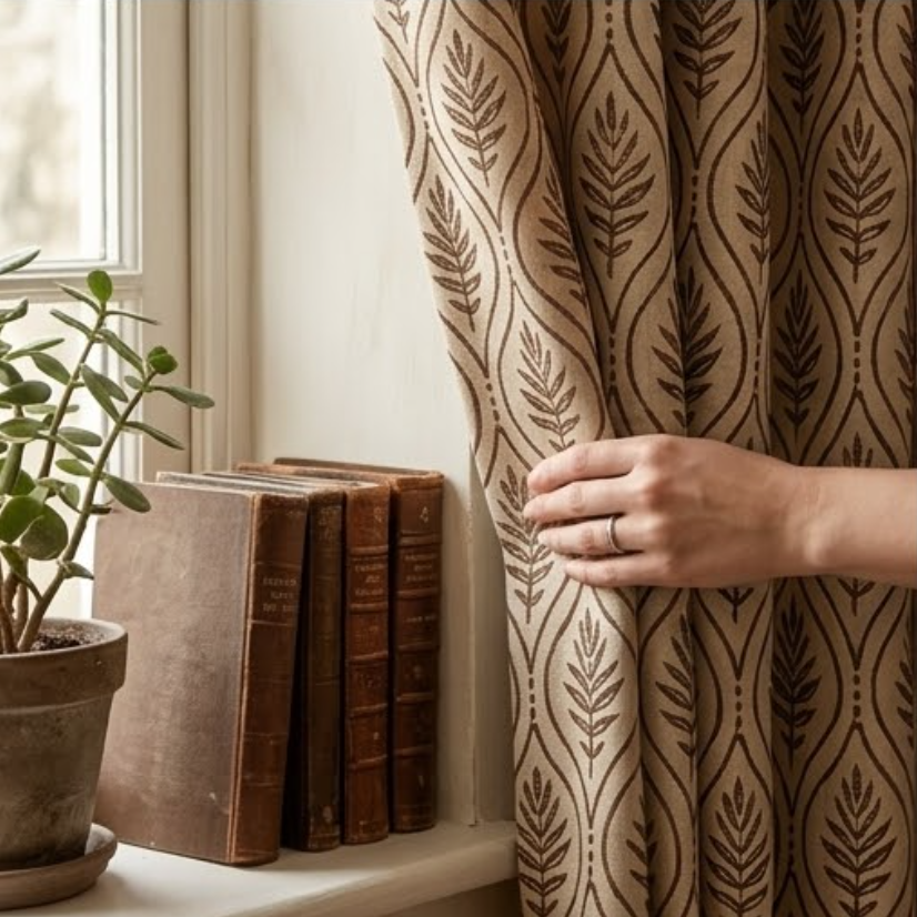 Warm Taupe Botanical Trellis Grommet Curtain Panel