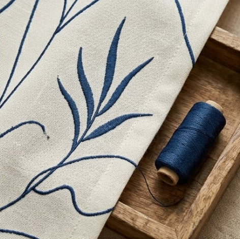 Navy Minimalist Botanical Grommet Curtain Panel