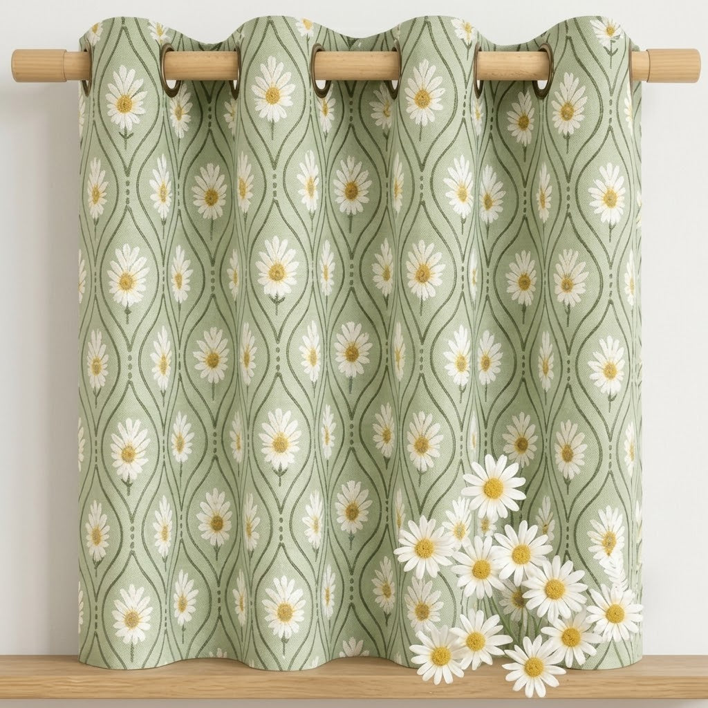 Vintage Meadow Daisy Trellis Curtain in Sage Green