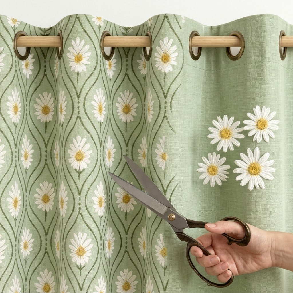 Vintage Meadow Daisy Trellis Curtain in Sage Green